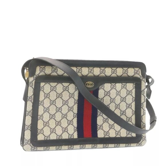 GUCCI Sherry Line GG Canvas Shoulder Bag PVC Leather Red Navy Auth ar4424 - Picture 1 of 16